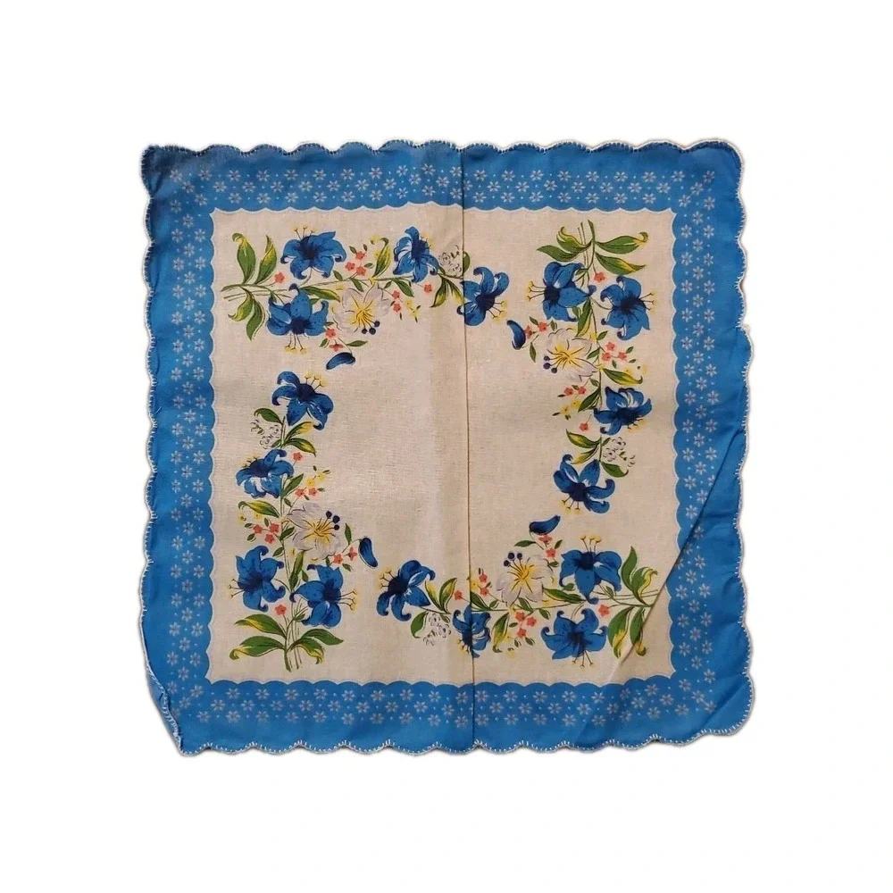 Linen Blue‎ Lily Floral Handkerchief Scalloped Cottage Core Bridesmaid Granny